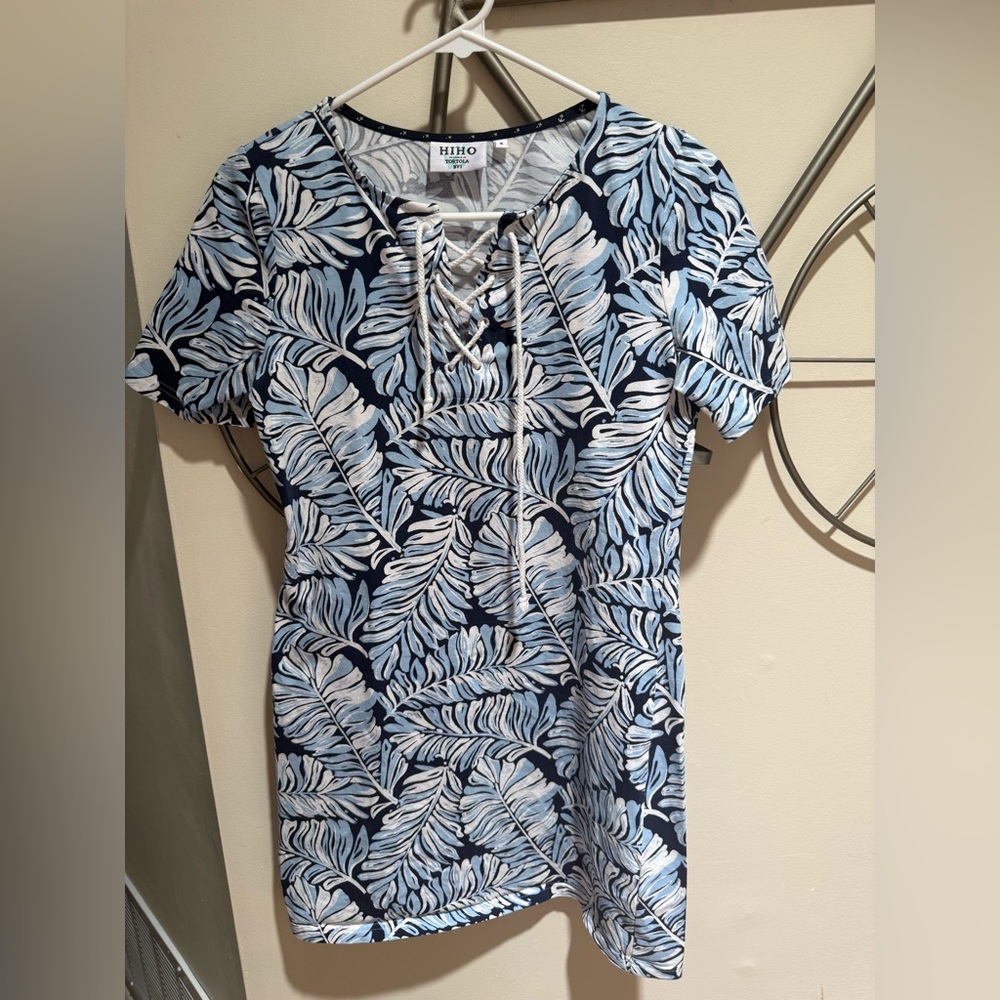 HIHO Navy Blue & Light Blue Leaf Print Lace-Up Dress Size S Tropical Cotton